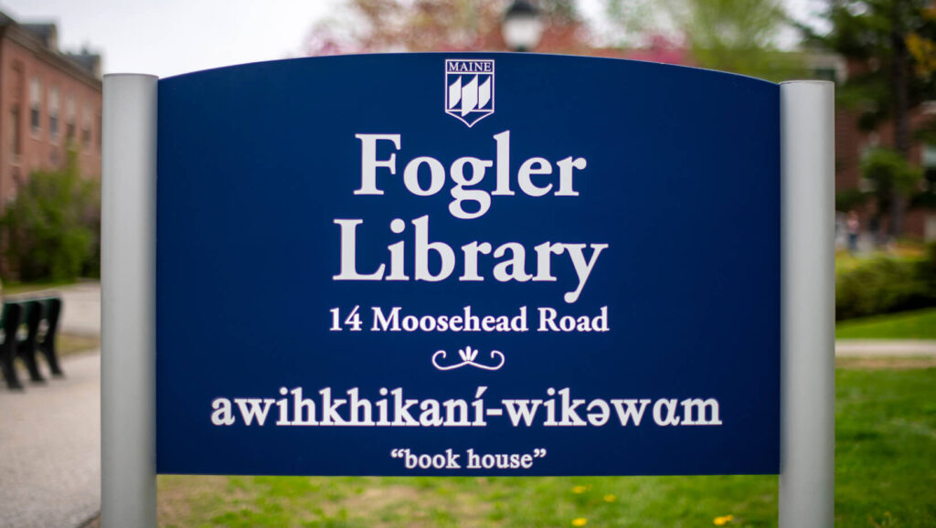 School sign reading, "Fogler Library"